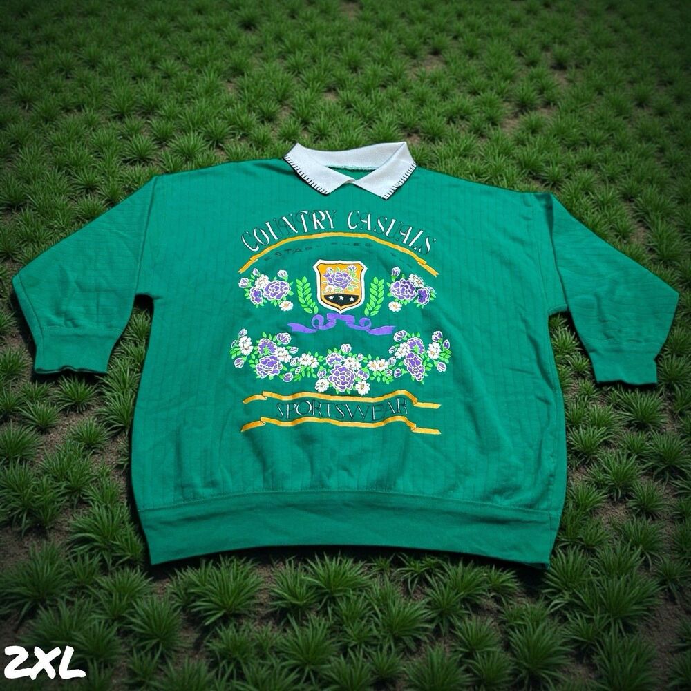 VTG Country‎ Casuals Floral Sweatshirt Green 3/4 Sleeve Collared Pullover 2XL